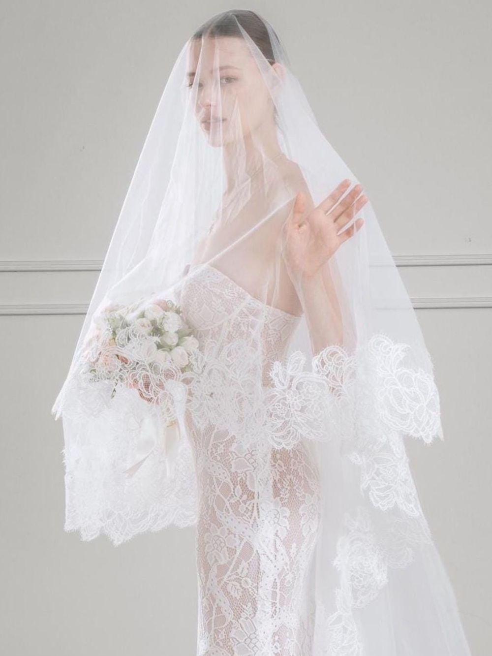 Light ivory 118in cathedral lace trimmed blusher veil